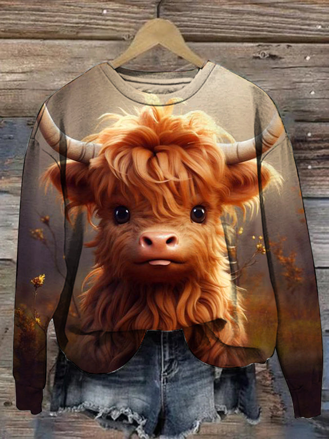 Cow Print Round Neck Long Sleeve Top Sweatshirt