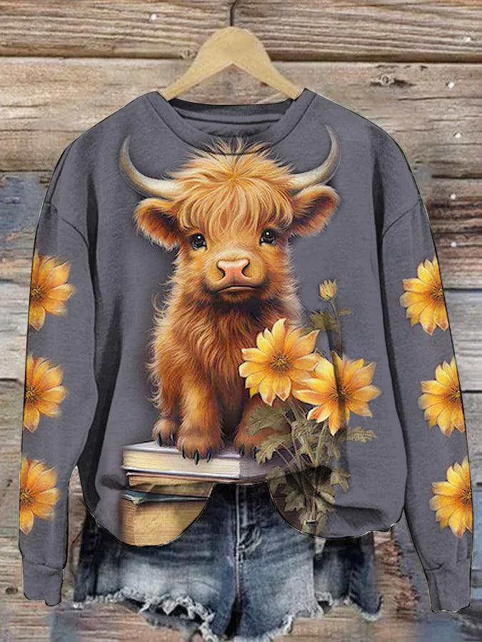 Cow with Sunflowers Print Round Sweatshirt