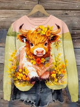 Cow with Sunflowers Print Round Neck Sweatshirt