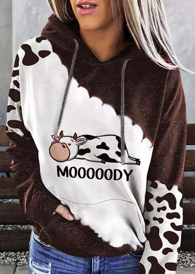Mooooody  Cow Kangaroo Pocket Drawstring Hoodie