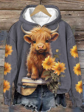 Cow with Sunflowers Print Round Hoodie
