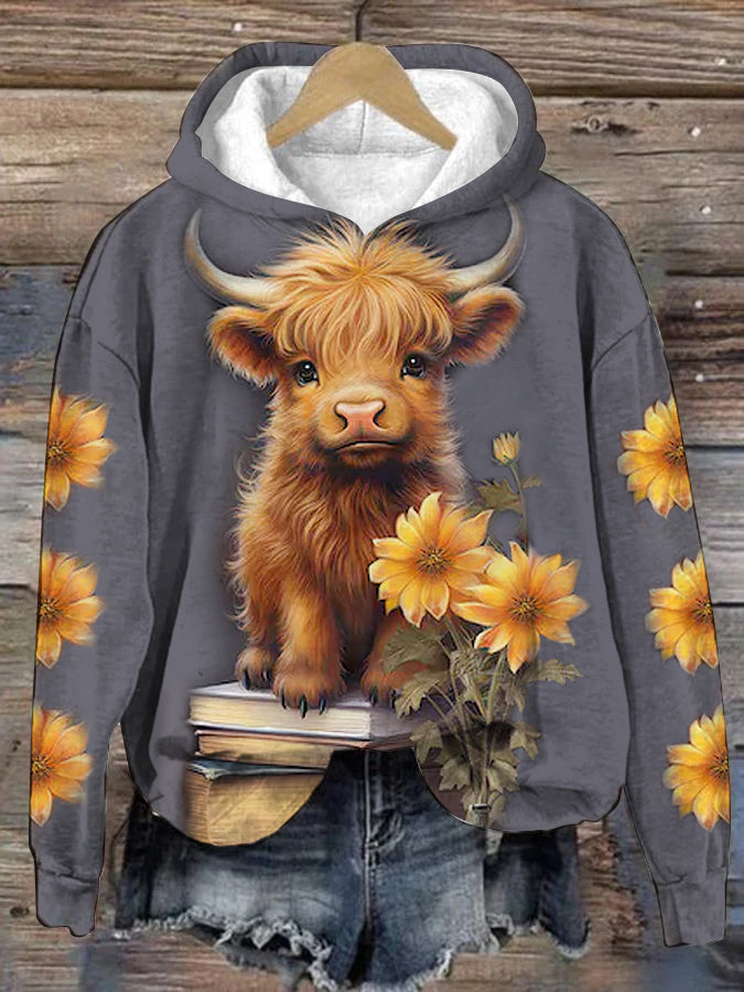 Cow with Sunflowers Print Round Hoodie