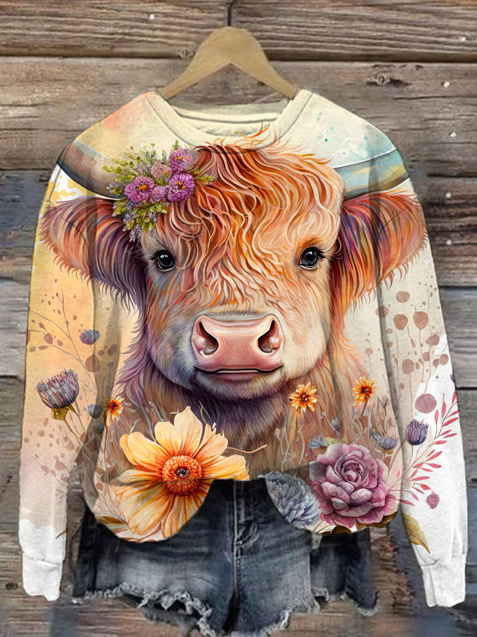 Fall Highland Cow Printed Sweatshirt
