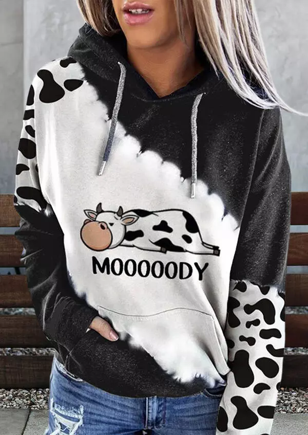 Mooooody  Cow Kangaroo Pocket Drawstring Hoodie