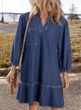 Women's V-neck Puff Sleeve Denim Layered Dress(BUY 2 FREE SHIPPING)