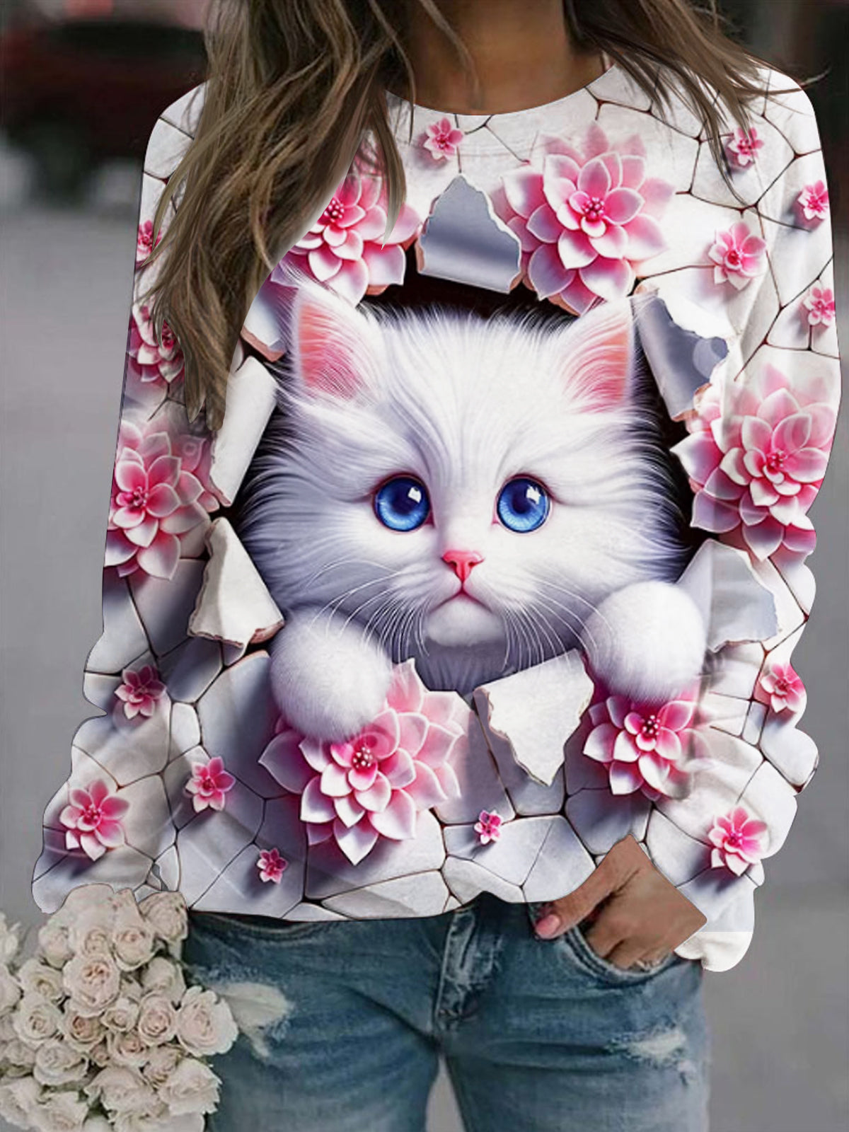 Women's Floral Cat Print Crew Neck Sweatshirt