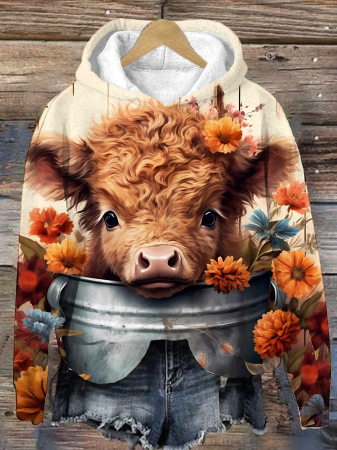 Women's Cute Baby Highland Cow Print Hoodie