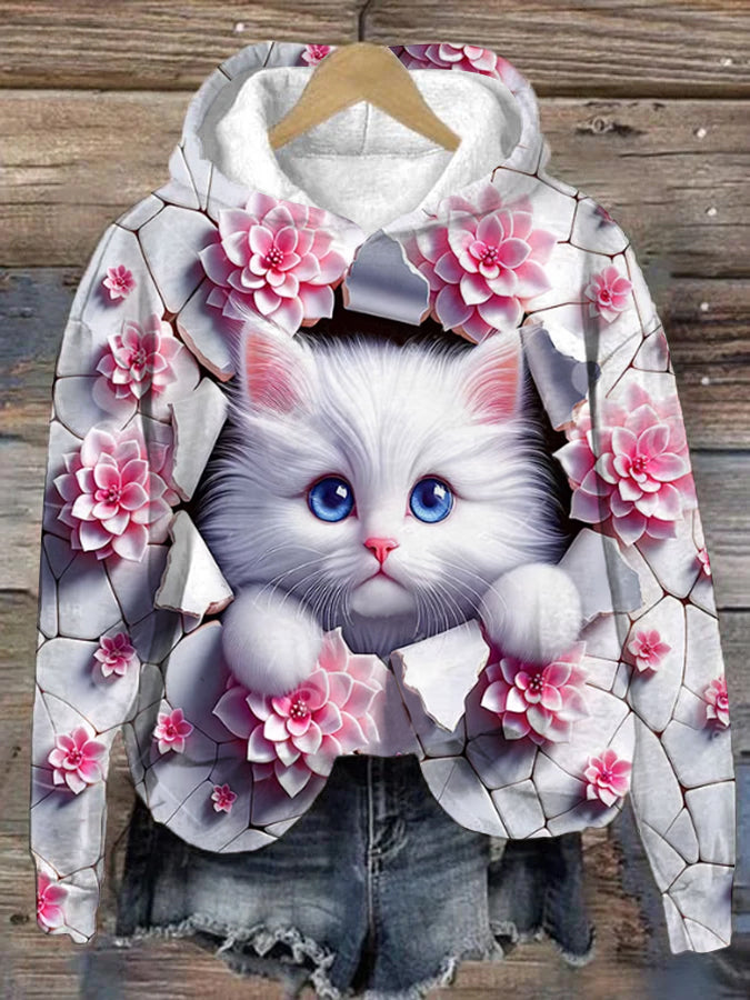 Women's Floral Cat Print Crew Neck Hoodie
