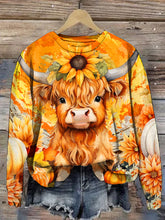 Funny Cow Sunflower Print Long Sleeve Casual Top