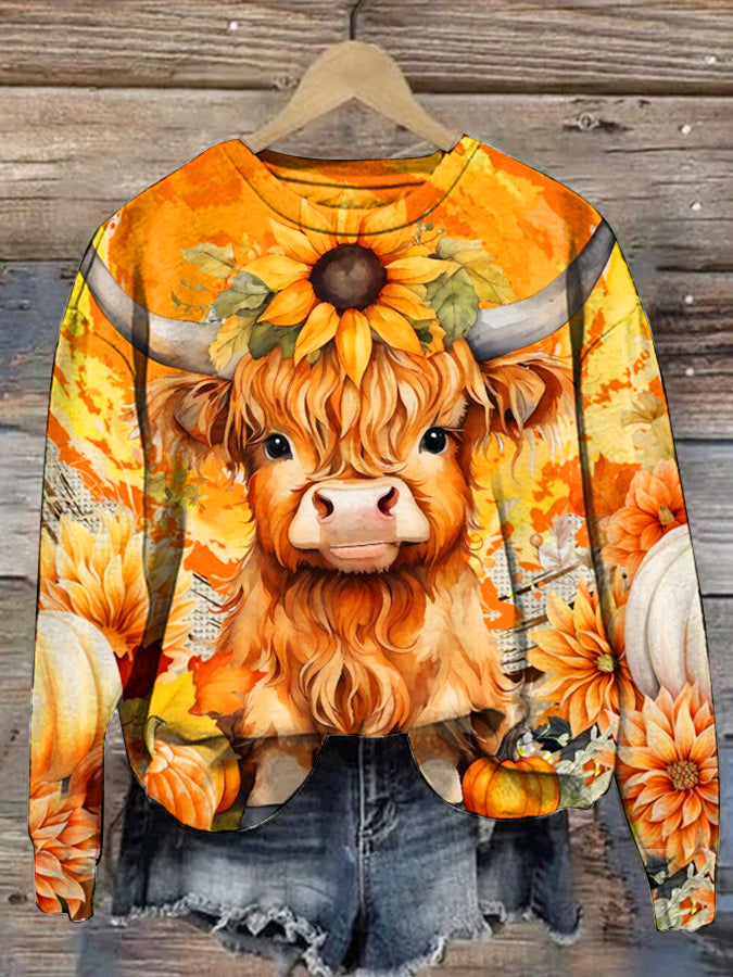 Funny Cow Sunflower Print Long Sleeve Casual Top