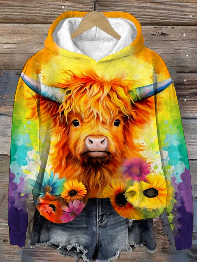 Cute Highland Cow Print Casual Hoodie