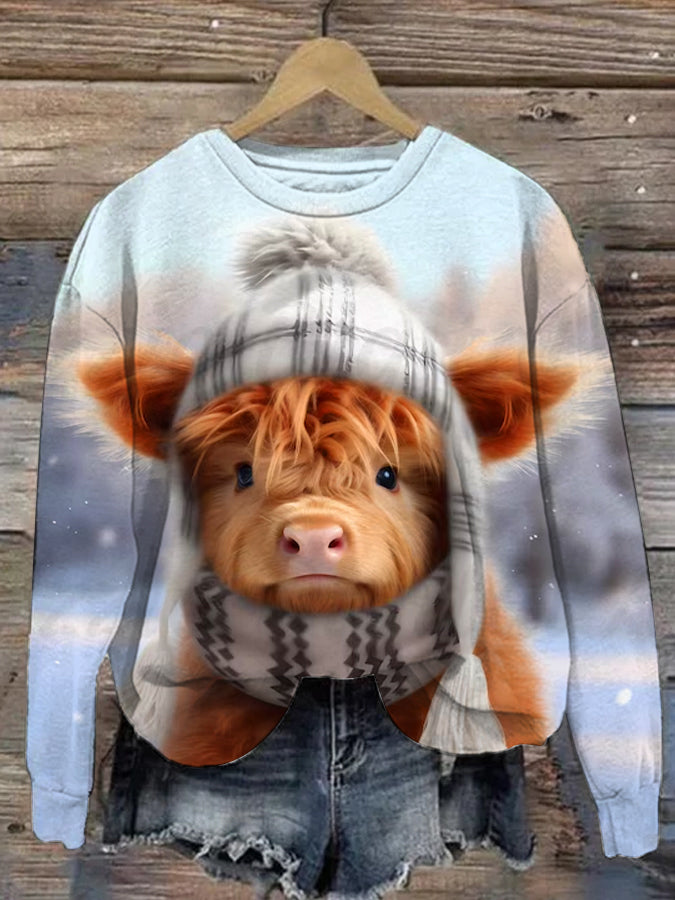 Women's Cow Print Round Neck Long Sleeve Top