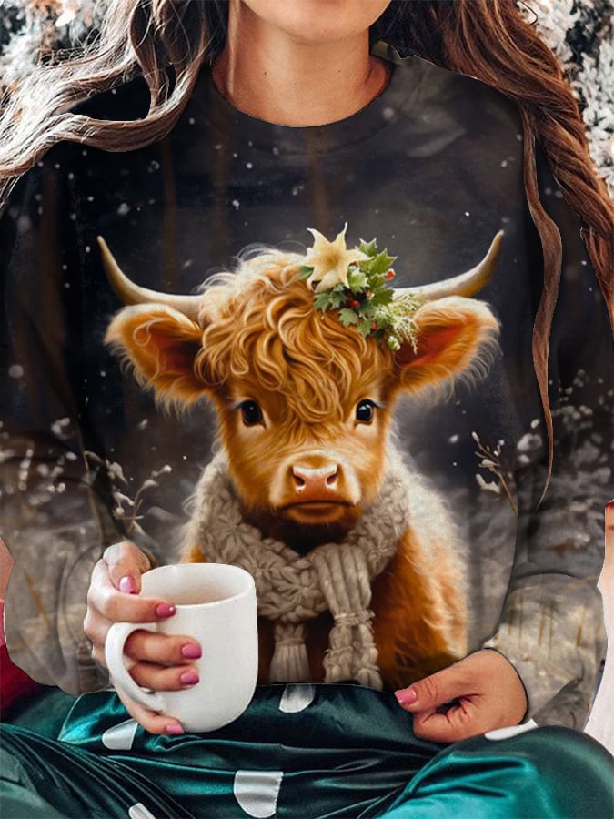 Women's Cute Baby Highland Cow Print Sweatshirt