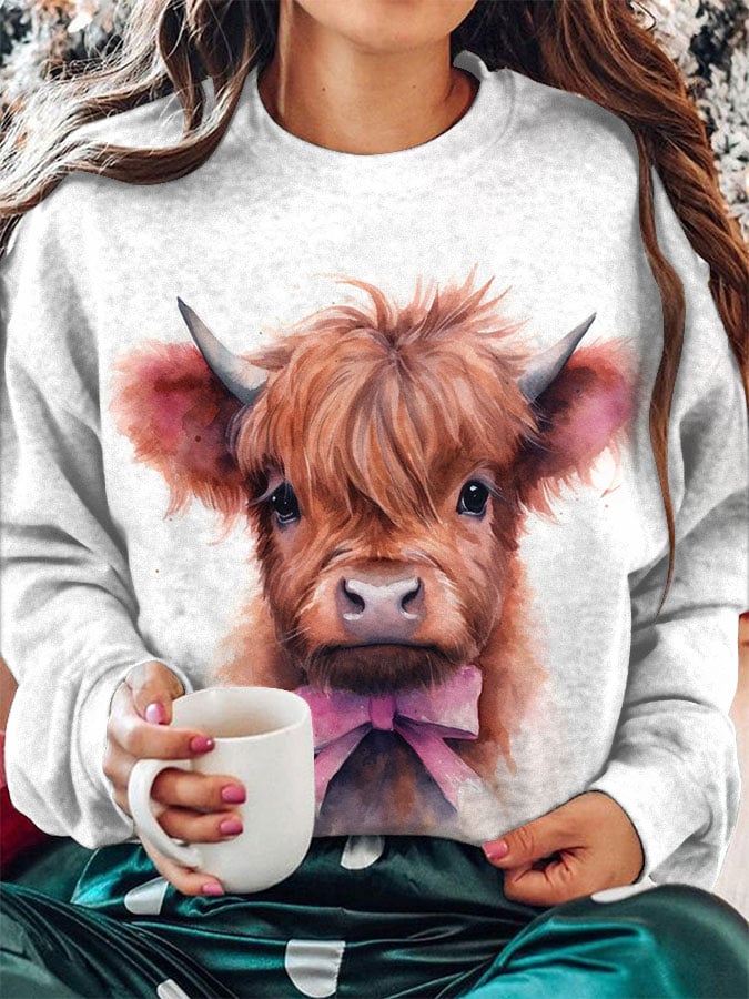 Women's Cute Highland Cow Print Crew Neck Sweatshirt