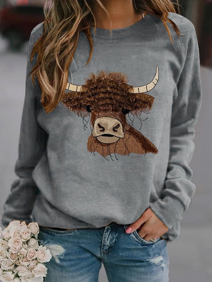 Women's Highland Cattle Leisure Print Sweatshirt