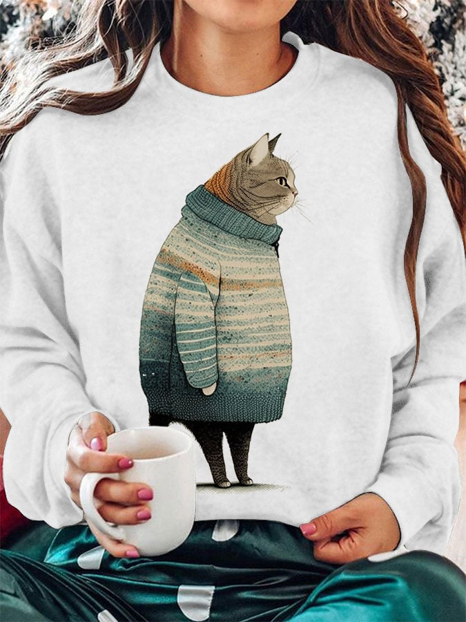 Women's Winter Cat Print Sweatshirt