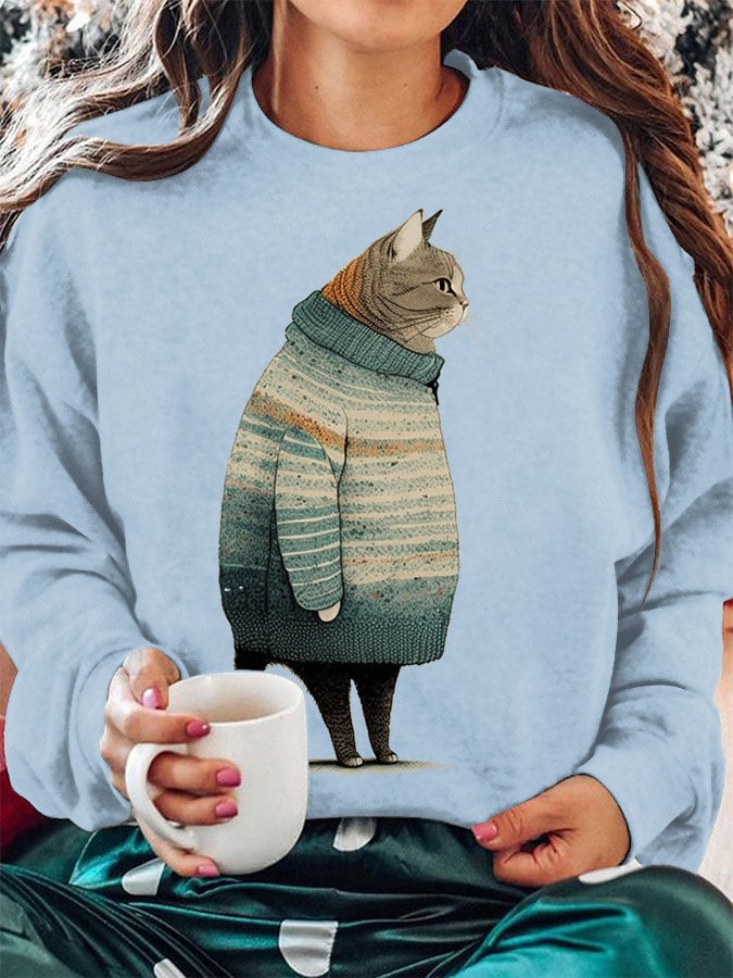 Women's Winter Cat Print Sweatshirt