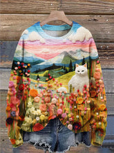 Cat Art Print Knit Pullover Sweater