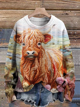 Vintage Highland Cow Art Print Knit Pullover Sweater
