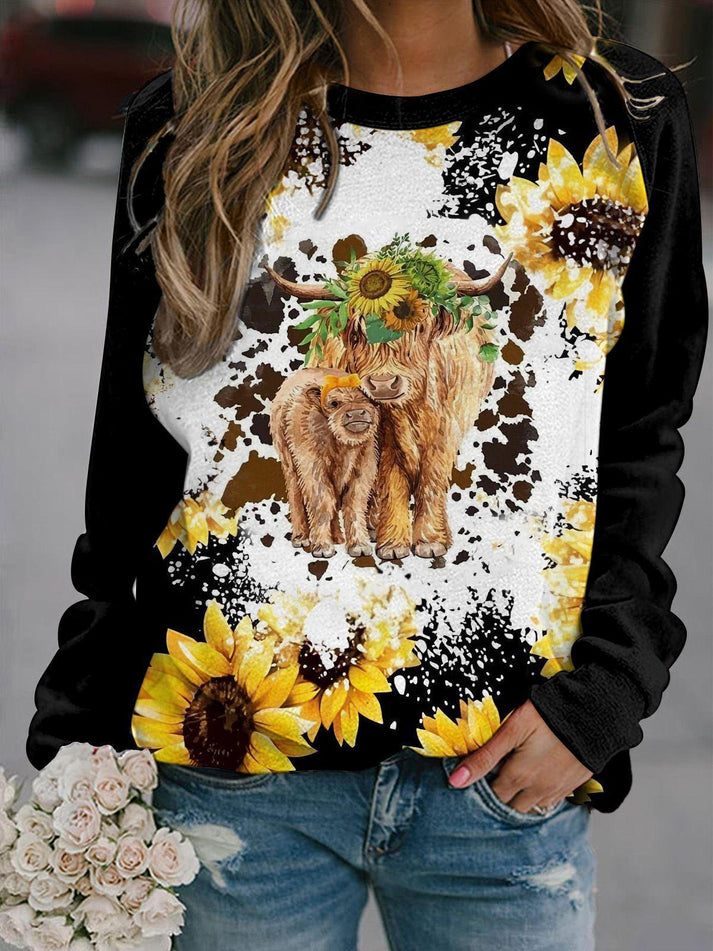 Floral Cow Long Sleeve Casual Top