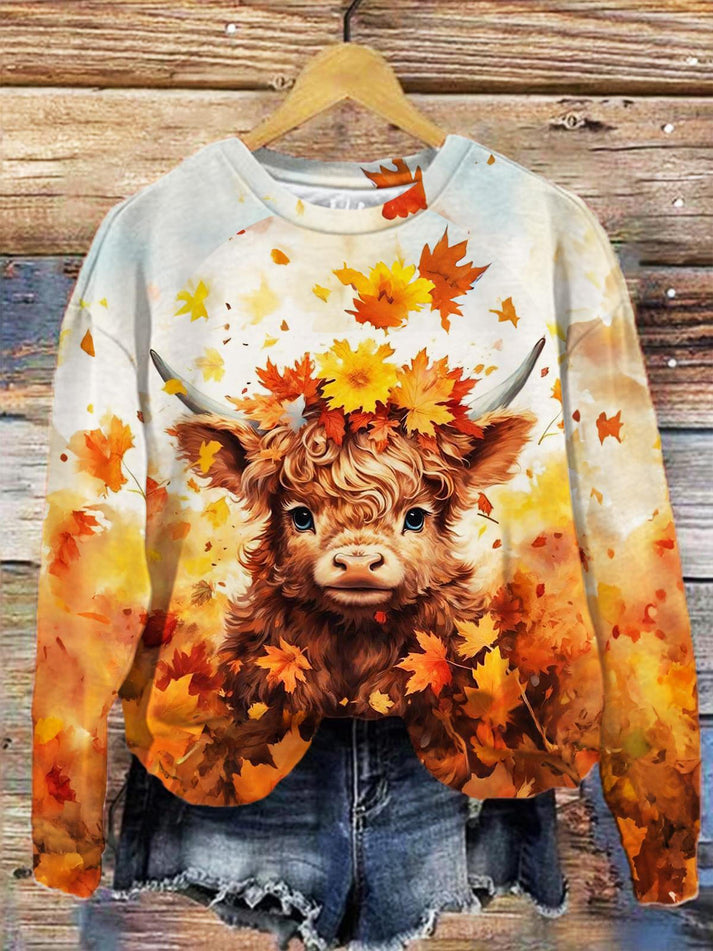 Fall Highland Cow Printed Long Sleeve Top