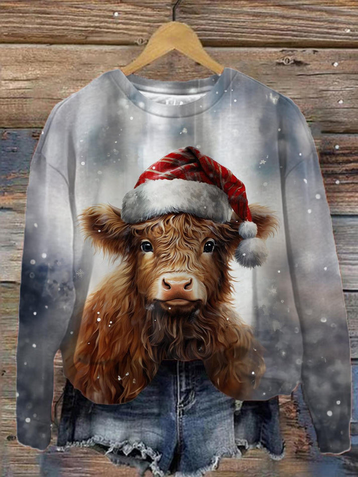 Santa Hat Highland Cow Long Sleeve Printed Top