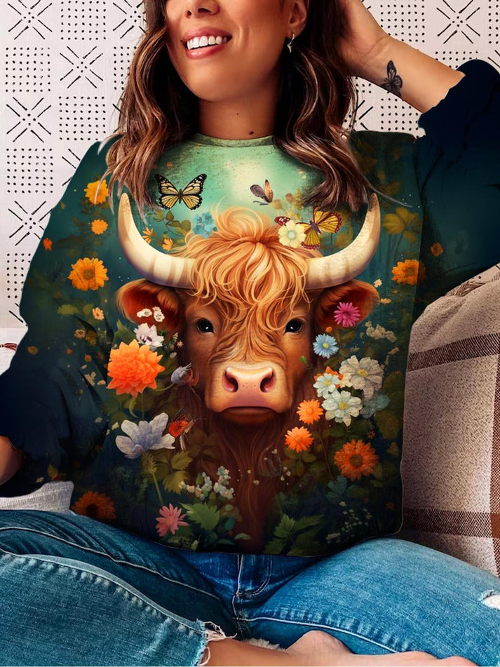 Floral Butterfly Highland Cow Long Sleeve Top