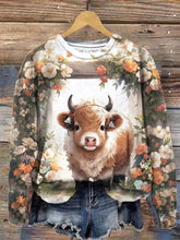 Women's Floral Highland Cow Round Neck Long Sleeve Top
