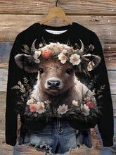 Cute Floral Baby Highland CowRound Neck Long Sleeve Top