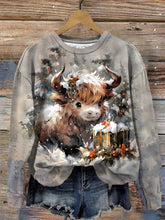Women's Winter Highland Cow Print Round Neck Long Sleeve Top