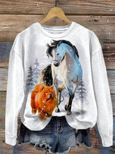 Horse And Dog print Round Neck Long Sleeve Top