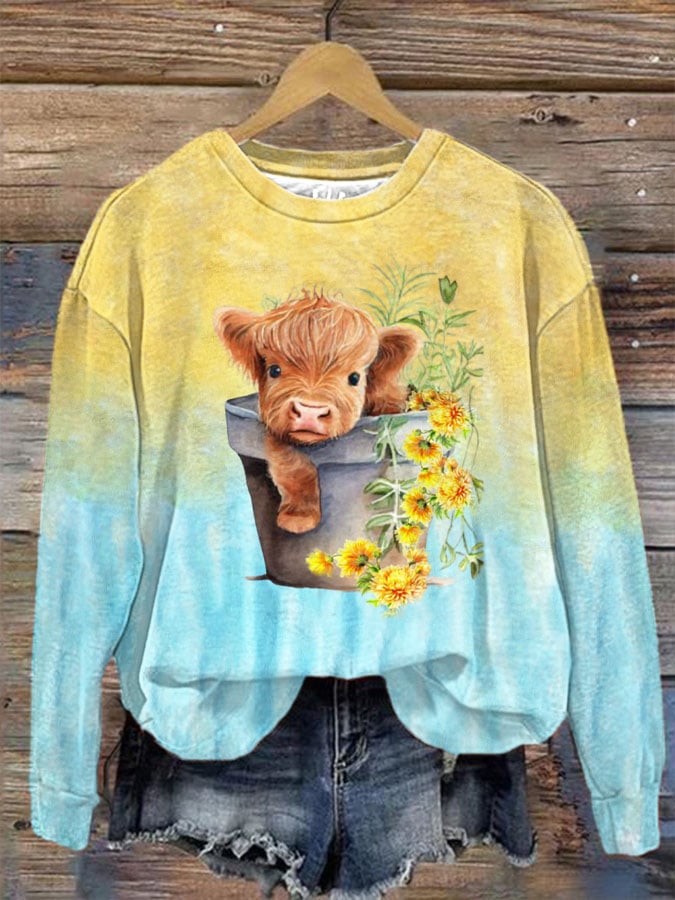 Women's Highland Cow Floral Print Sweatshirt