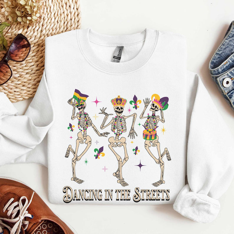 Mardi Gras Sweatshirt with Dancing Skeletons