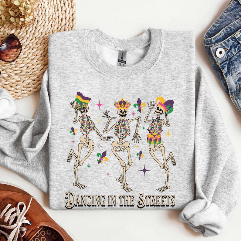 Mardi Gras Sweatshirt with Dancing Skeletons