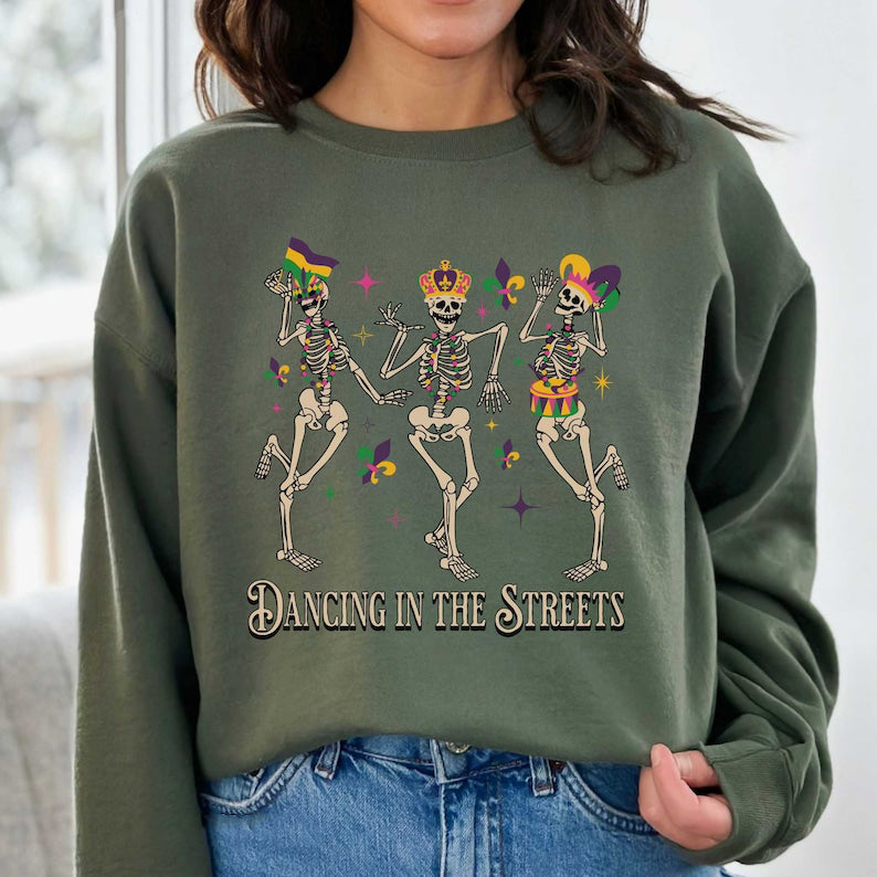 Mardi Gras Sweatshirt with Dancing Skeletons
