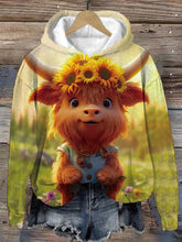 Cute Sunflower Highland Cow Print Women's Hoodie