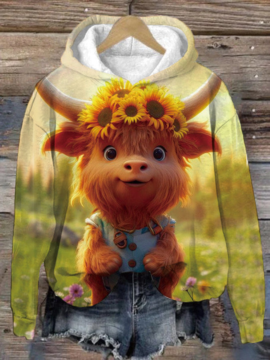 Cute Sunflower Highland Cow Print Women's Hoodie