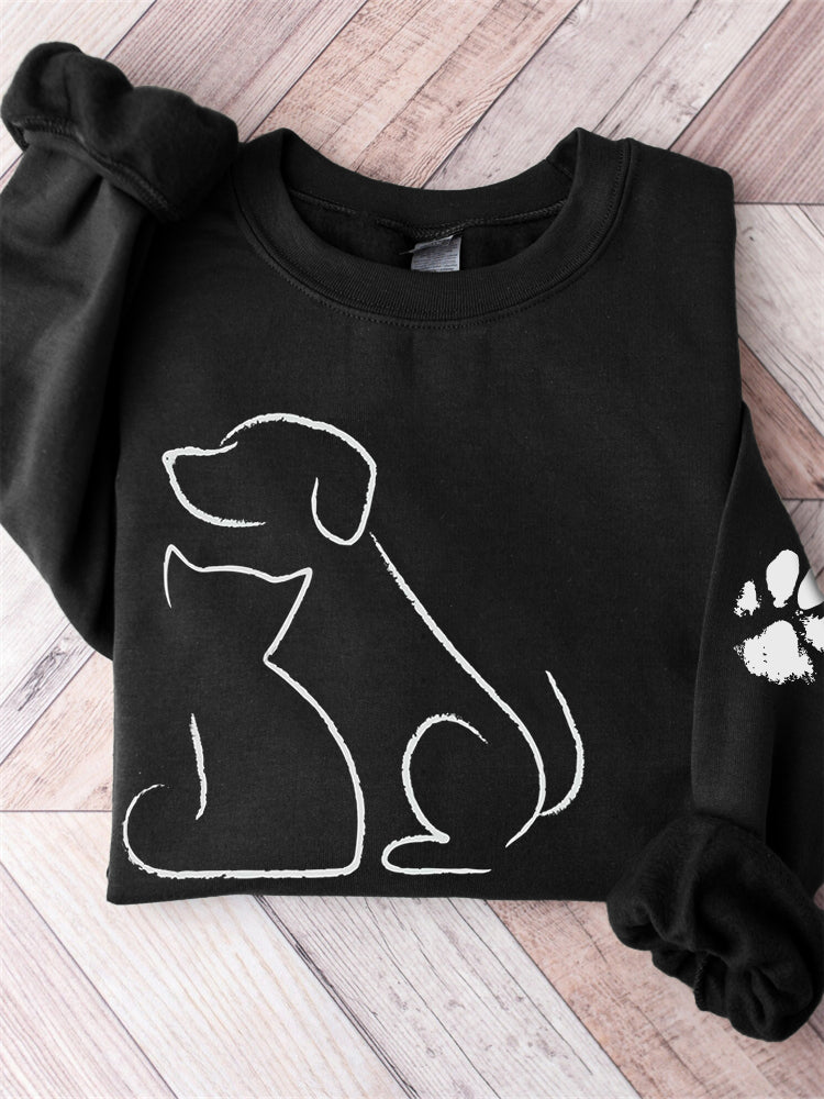 Cat & Dog Line Art Paw Print Comfy Sweatshirt