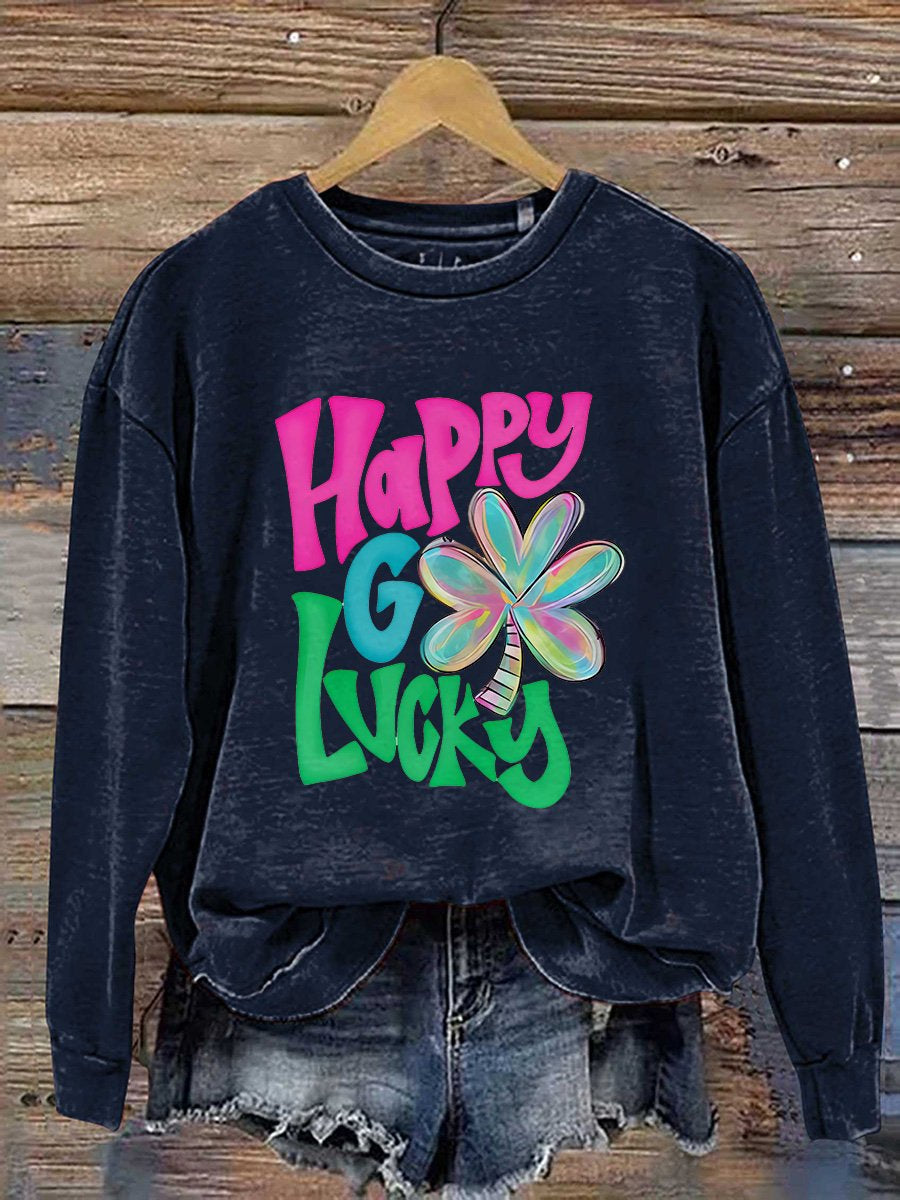 Eagerlys Shamrock Happy Go Lucky St. Patrick's Day Print Casual Sweatshirt