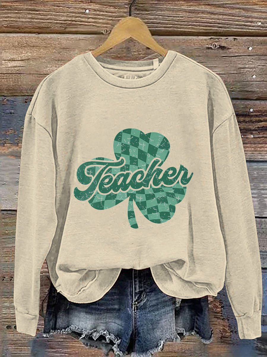 Eagerlys Teacher Checkered St. Patrick's Day Print Casual Sweatshirt