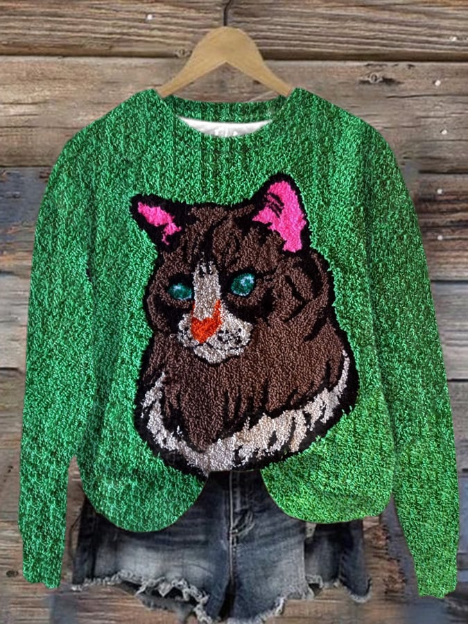 Women's Cat Print Crewneck Sweatshirt