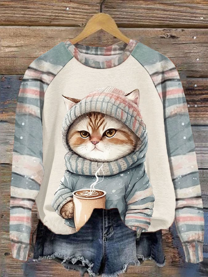 Women's Winter Funny Cute Wonderland Clothing Clipart Cat Coffee Plaid Print Sweatshirt