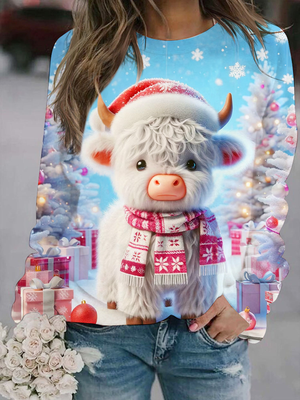 Winter Cute Cow Print Raglan Long Sleeve Top