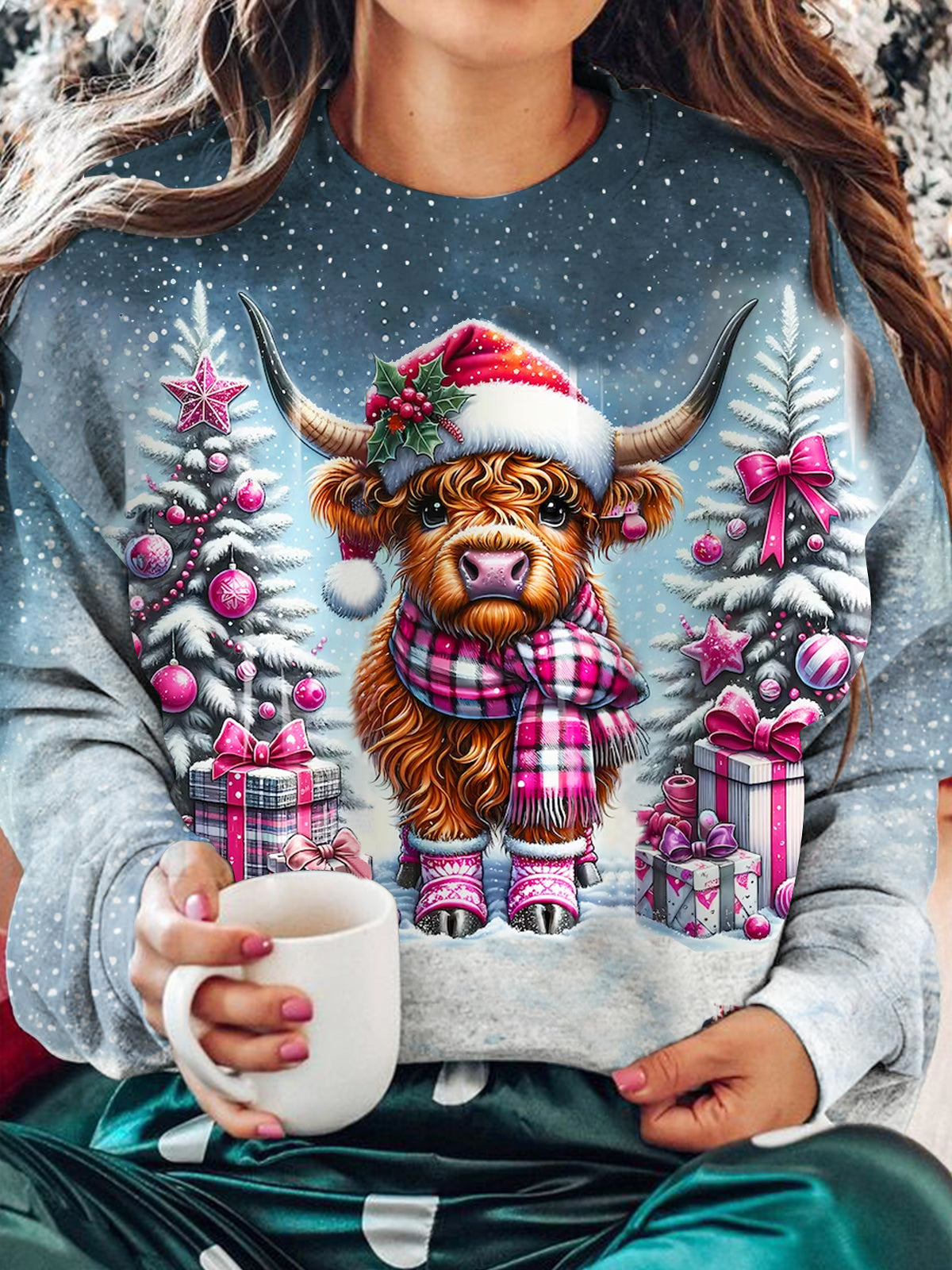 Women's Highland Cow Christmas Print Top