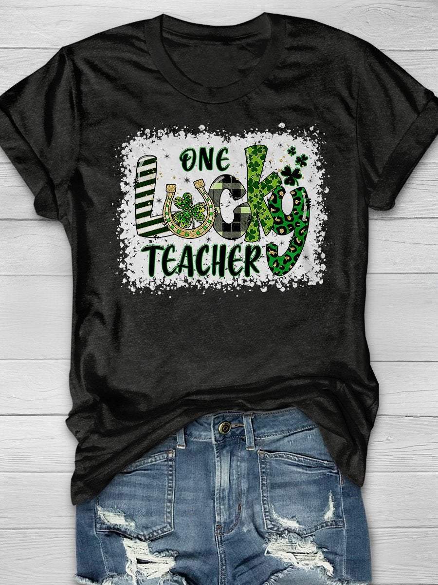 Eagerlys Eagerlys  One Lucky Teacher Print Short Sleeve T-shirt