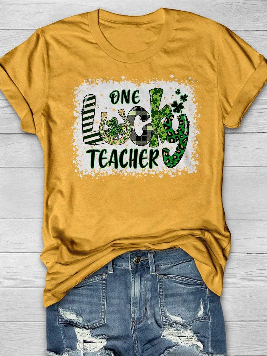 Eagerlys Eagerlys  One Lucky Teacher Print Short Sleeve T-shirt