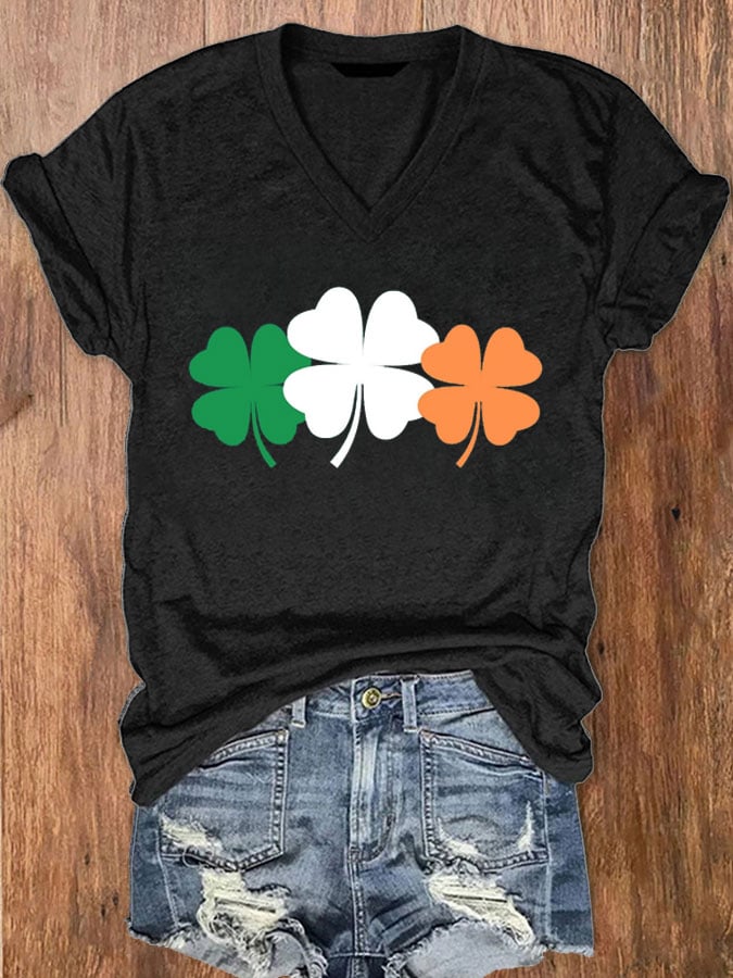 Eagerlys Women's Shamrock Print V-Neck Short Sleeve T-Shirt