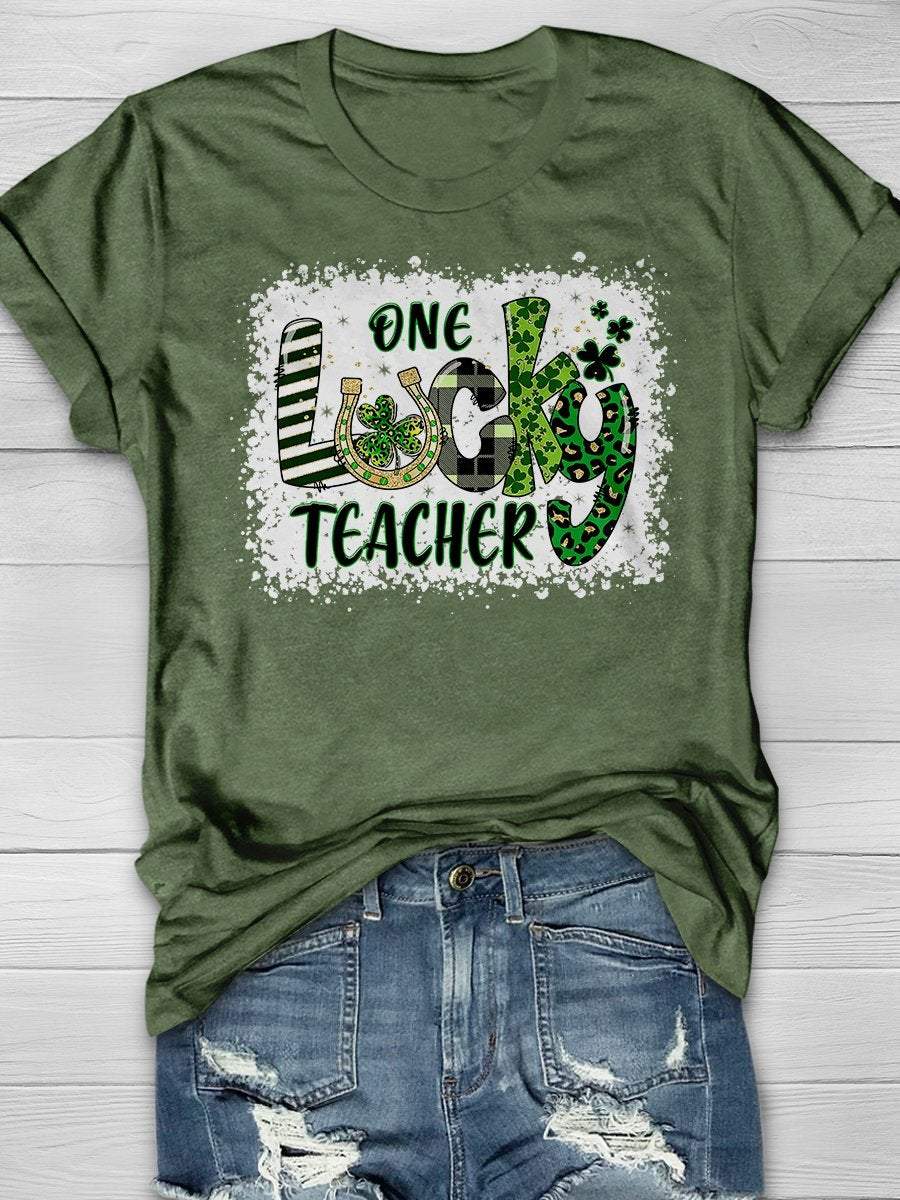 Eagerlys Eagerlys  One Lucky Teacher Print Short Sleeve T-shirt