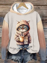 Women's Winter Funny Cute Wonderland Clothingl Clipart Cat Coffee Printed Hoodie