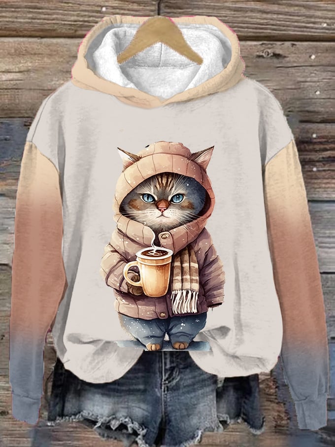 Women's Winter Funny Cute Wonderland Clothingl Clipart Cat Coffee Printed Hoodie